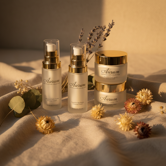 Beauty Bundle Anti-Aging Skin and Hair Care products on beige linen background