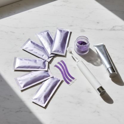 Purple Teeth Whitening Strips on marble surface
