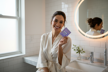 Woman smiling with Purple Teeth Whitening Strips