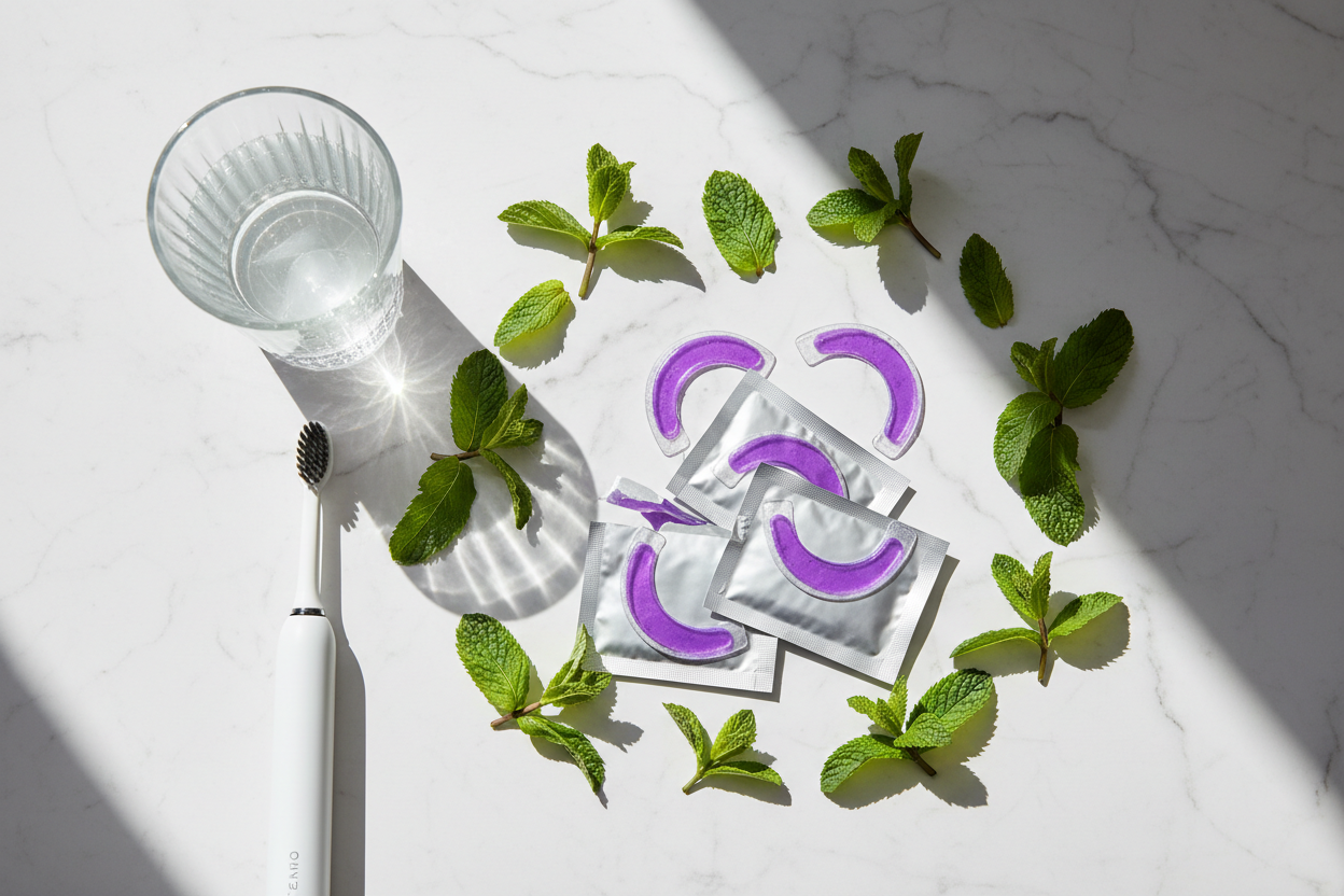 Purple Teeth Whitening Strips flat lay with mint leaves
